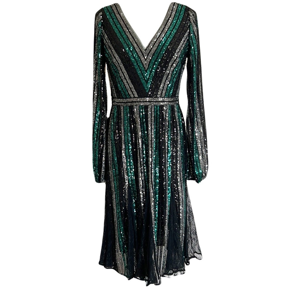 Marchesa Notte Sequin Lace Black Green Silver Dress
